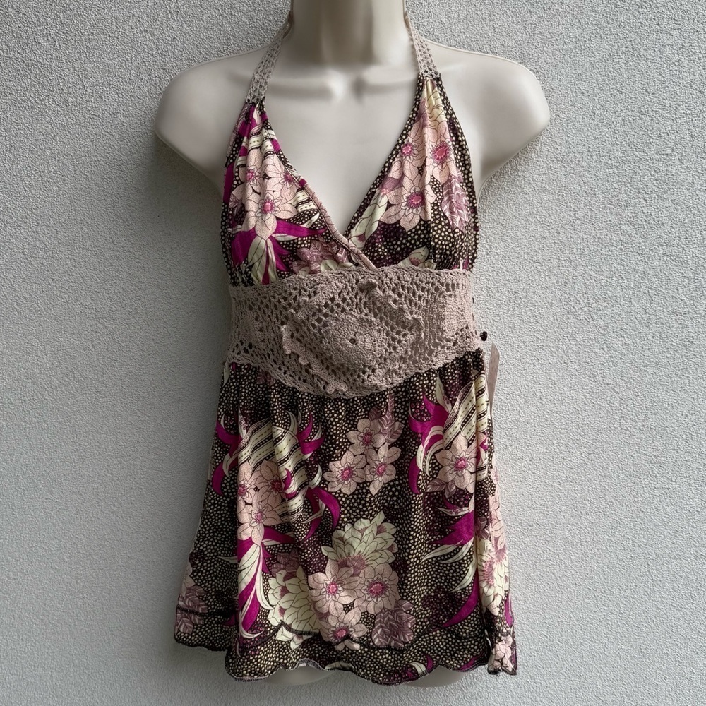 Free People Kitschy Floral Print & Crochet Halter Large